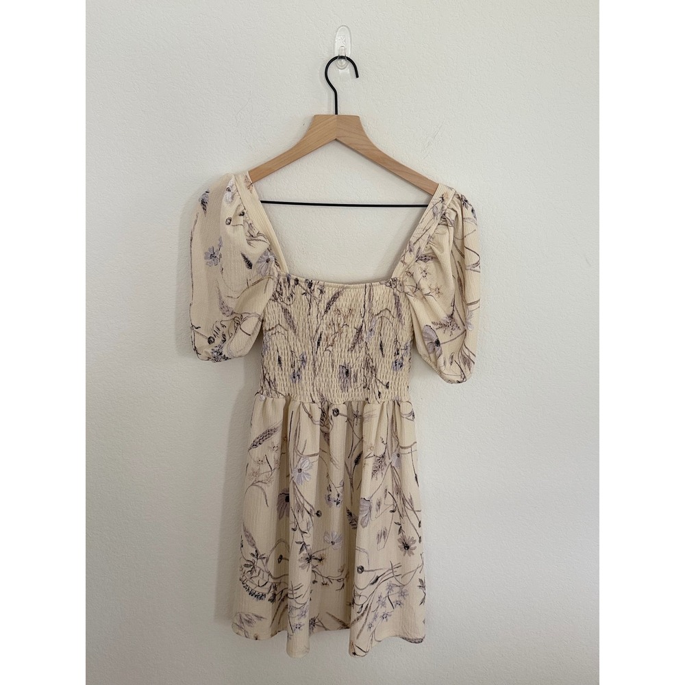 H&M Floral Smocked Mini Dress Cream Purple Puff Sleeve Square Neck Small